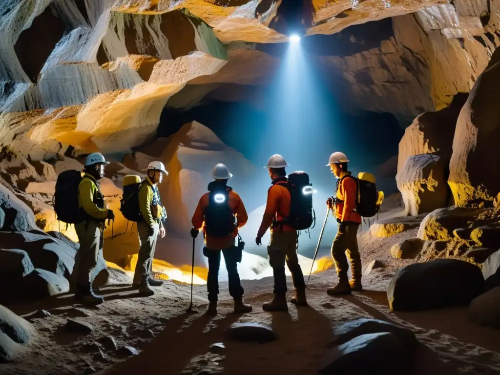 Exploradores equipados con dispositivos de navegación subterránea especializados, iluminando una cueva oscura llena de misterio y aventura