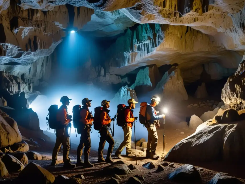 Exploradores equipados con dispositivos GPS para exploración subterránea navegan en una cueva oscura, destacando la atmósfera desafiante y aventurera