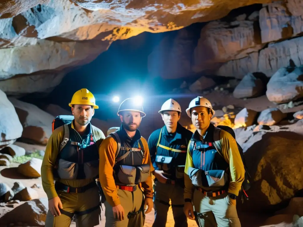 Exploradores equipados con dispositivos GPS para exploración subterránea, trazando su ruta en una cueva oscura y rocosa