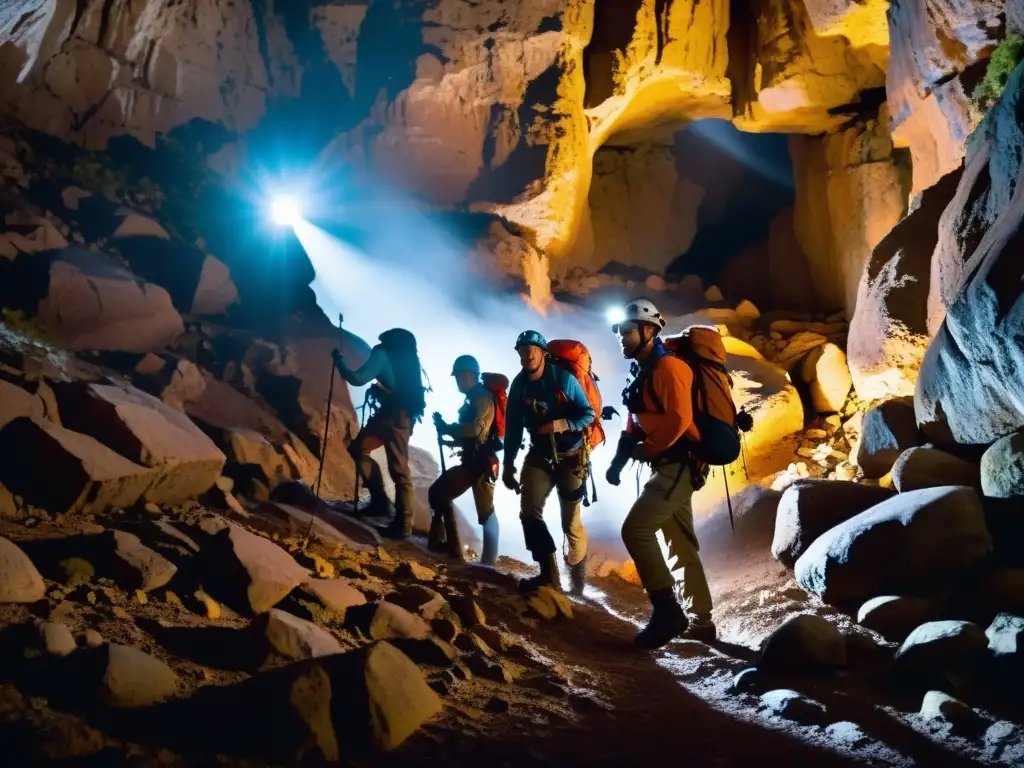 Exploradores equipados con headlamps y arneses descienden a una cueva subterránea, destacando el equipamiento esencial para exploración subterránea