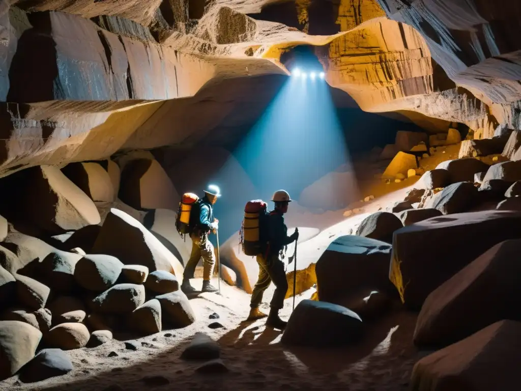 Exploradores equipados con headlamps y equipo de escalada, navegan por un laberinto subterráneo, añadiendo una sensación de escala y aventura