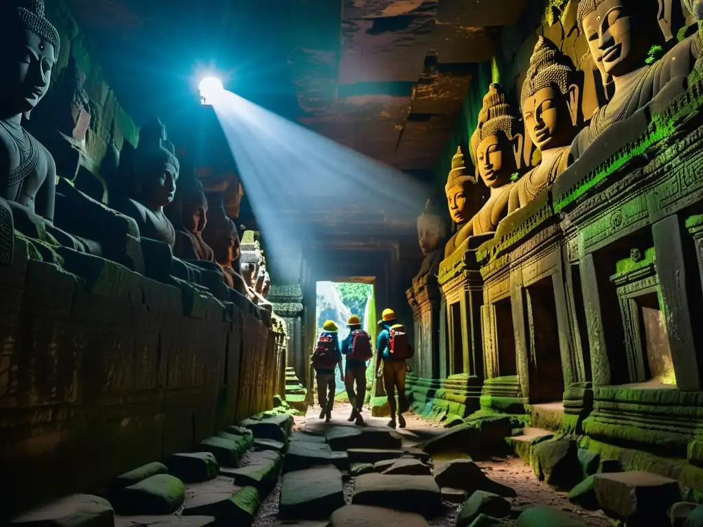 Exploradores equipados con headlamps navegan las intrincadas cavernas subterráneas de Angkor Wat, revelando los secretos del imperio Khmer