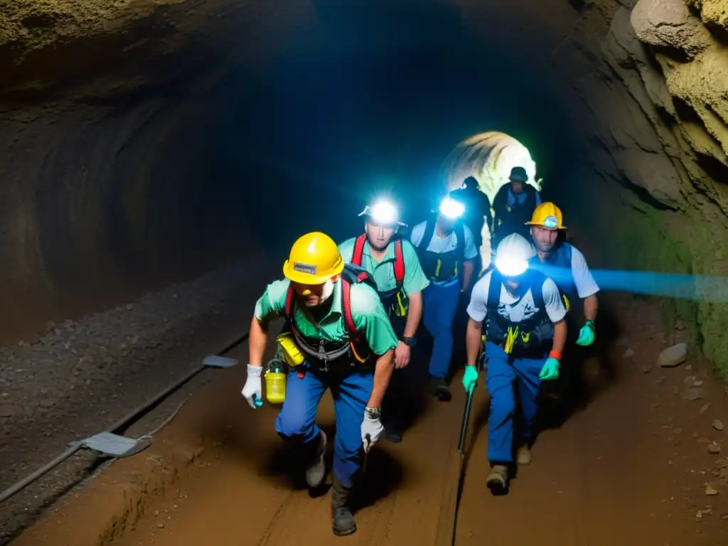 Exploradores equipados con kits primeros auxilios espacios confinados, navegando un túnel histórico