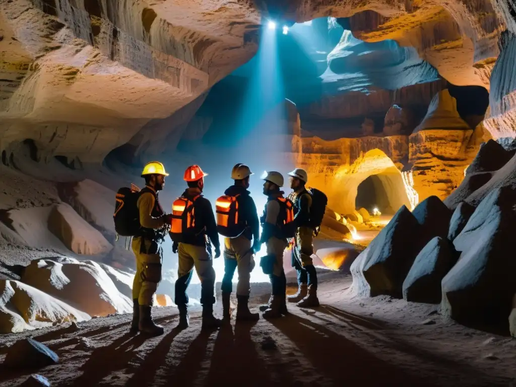 Exploradores equipados con materiales antiabrasivos para vestimenta subterránea, iluminando un impresionante paisaje cavernoso