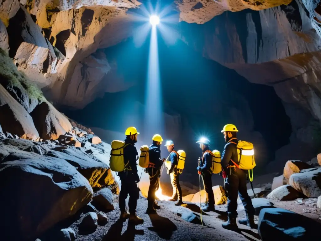 Exploradores equipados para puenting en simas subterráneas históricas, sus lámparas iluminan el oscuro abismo con un contraste impactante