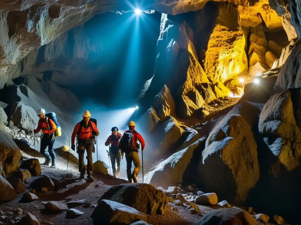 Exploradores equipados con seguridad y linternas, navegan cuidadosamente por una estrecha caverna subterránea