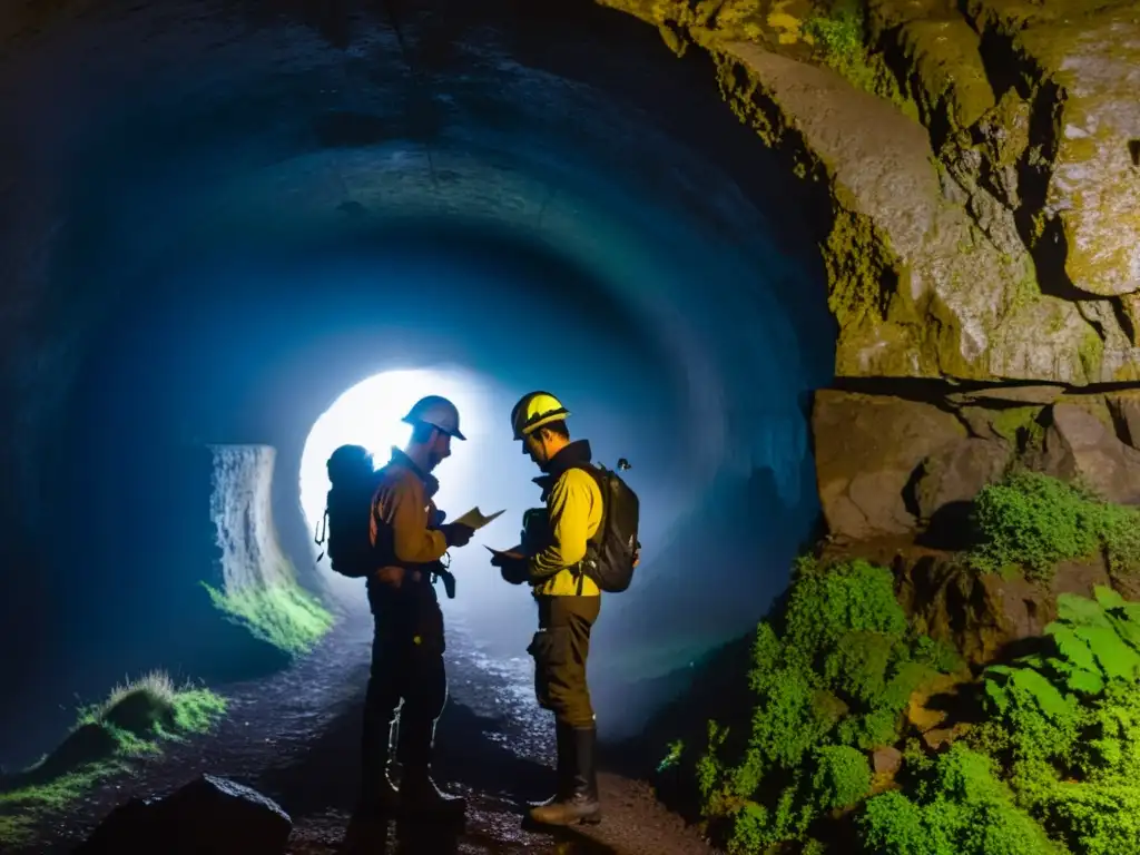 Exploradores con equipamiento esencial para exploración subterránea examinan un mapa en un túnel histórico, iluminados por lámparas frontales