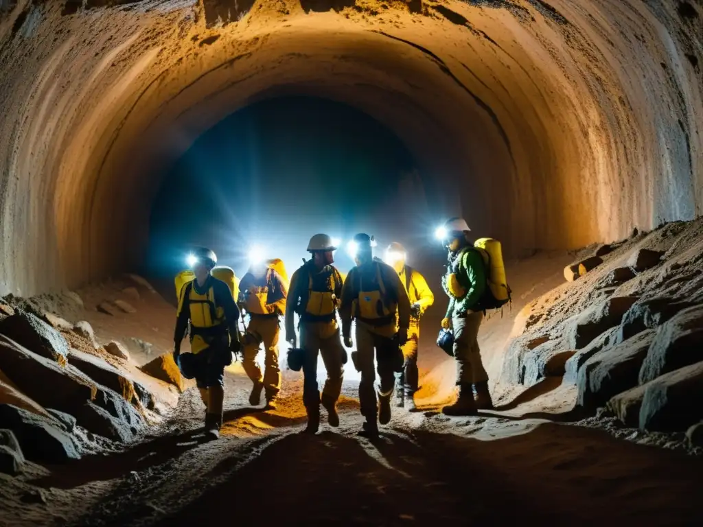 Exploradores con equipamiento esencial para exploración subterránea, navegando en un túnel subterráneo iluminado con lámparas frontales