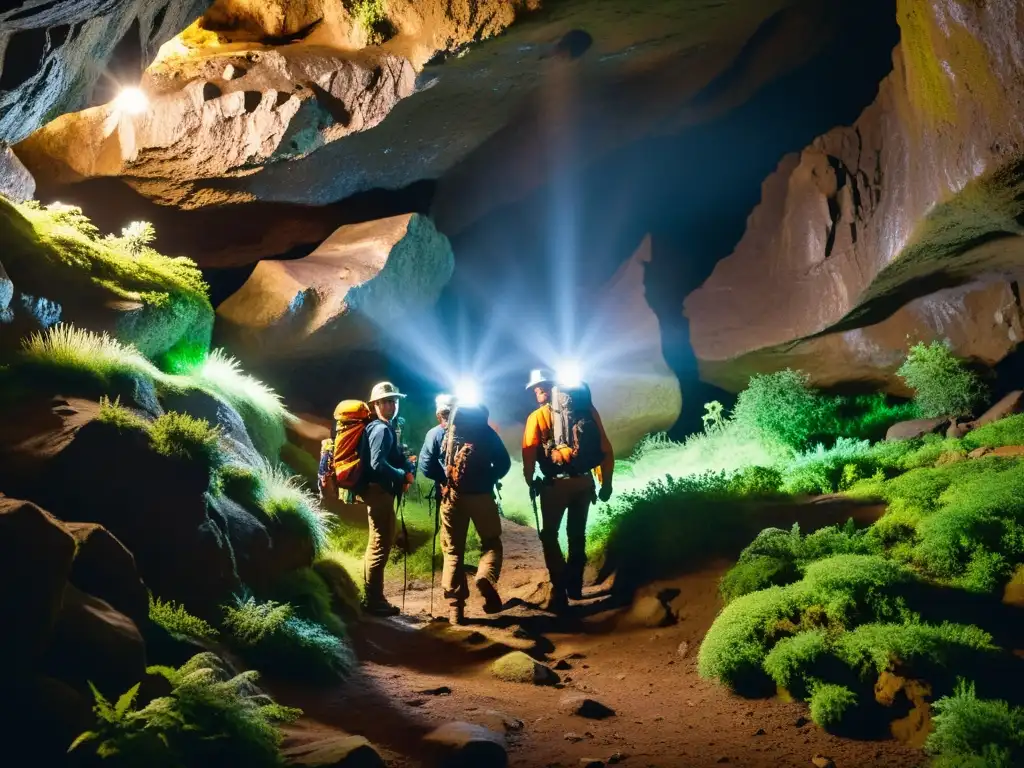 Exploradores con equipamiento esencial para exploración subterránea descendiendo a una misteriosa cueva iluminada por linternas