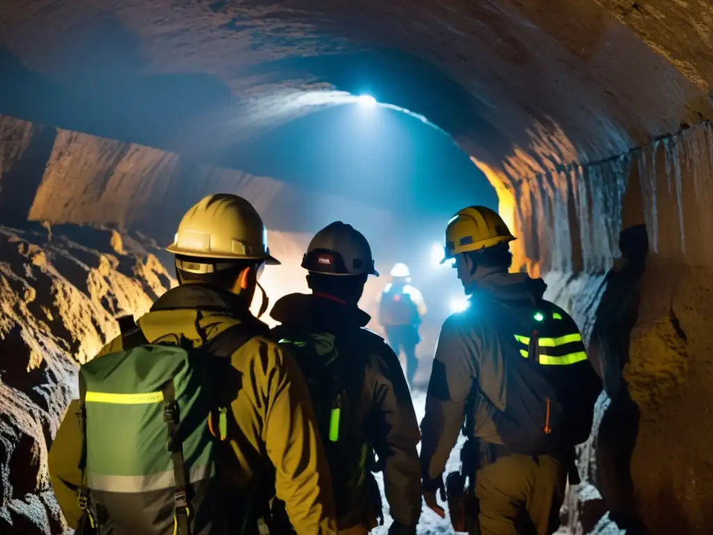 Exploradores en cueva subterránea Exploradores con equipamiento esencial para la exploración de túneles, iluminando el camino en la oscuridad subterránea