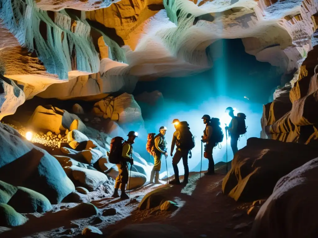 Exploradores con equipamiento esencial para exploración subterránea, descubriendo maravillas en caverna bioluminiscente