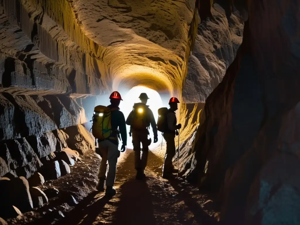 Exploradores en túnel oscuro: luces y sombras Exploradores con equipamiento esencial exploran un túnel oscuro, iluminando las formaciones rocosas con sus linternas