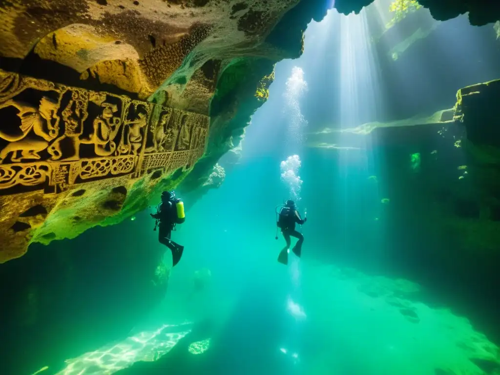 Exploradores con equipo de buceo iluminan las galerías subacuáticas de Quinta Regaleira