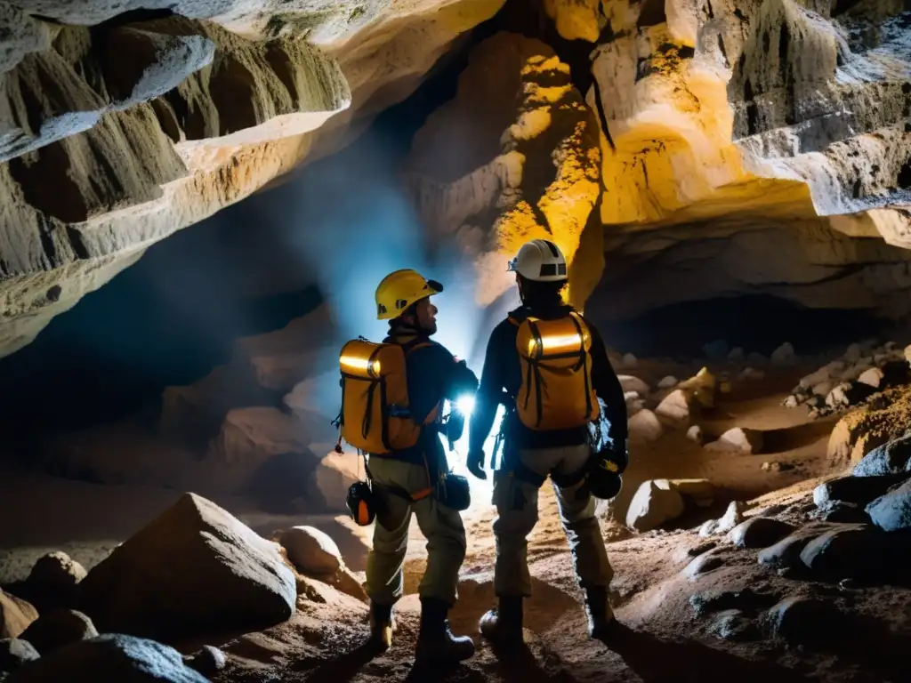 Exploradores con equipo descendiendo en una caverna