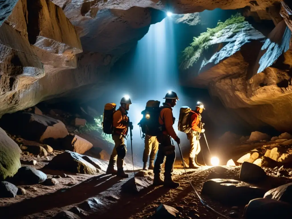 Exploradores con equipo fotográfico resistente para exploración subterránea, documentando la belleza cruda de una cueva subterránea
