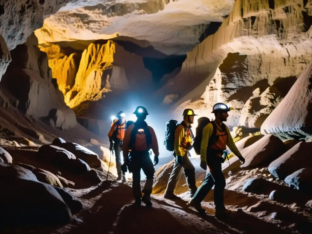 Exploradores con headlamps y equipo de seguridad atraviesan una cueva subterránea, iluminando siluetas en las paredes rocosas