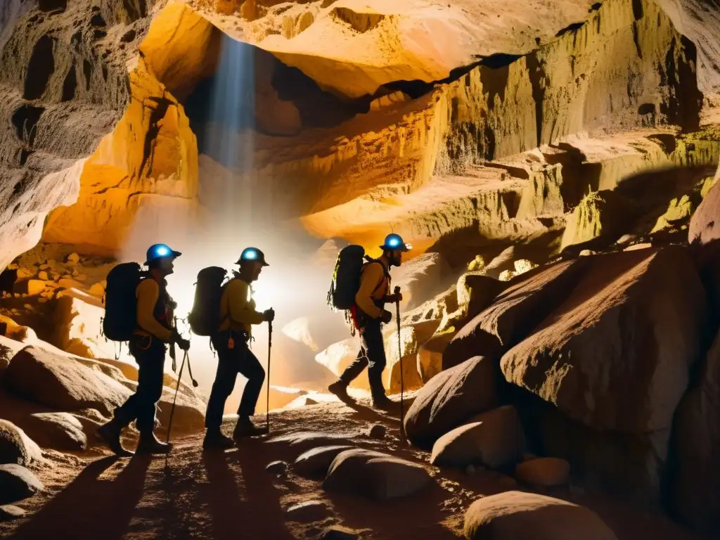 Exploradores con equipo de espeleología histórica subterránea, iluminando una cueva con formaciones rocosas y minerales brillantes