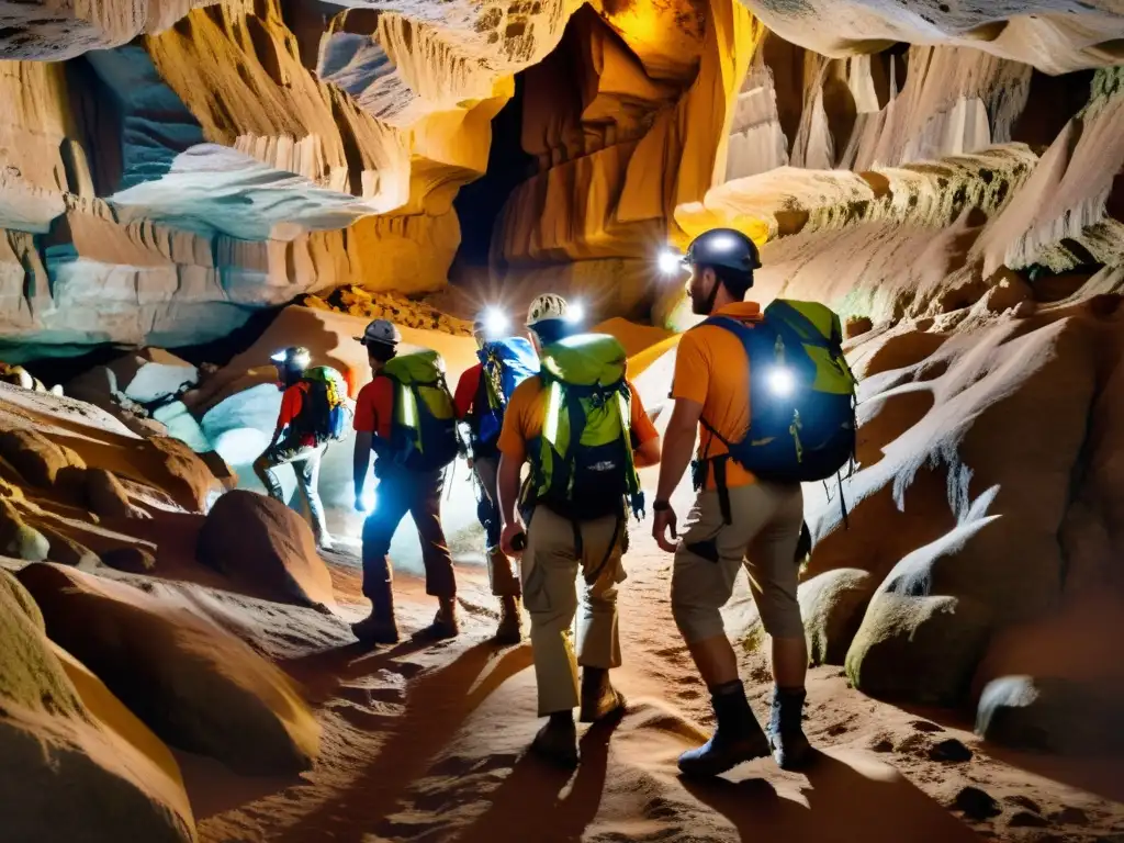 Exploradores con equipo de espeleología histórica subterránea, iluminando formaciones rocosas en una cueva oscura