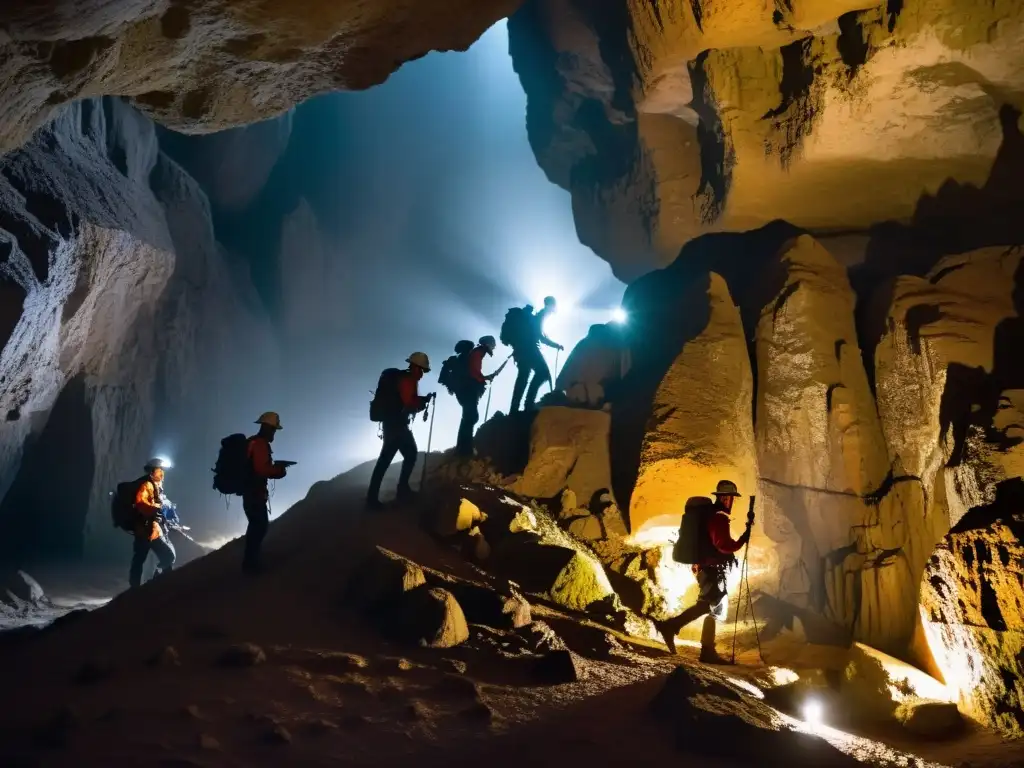 Exploradores con headlamps y equipo rugged cartografían cueva subterránea con Software mapeo 3D para exploración subterránea