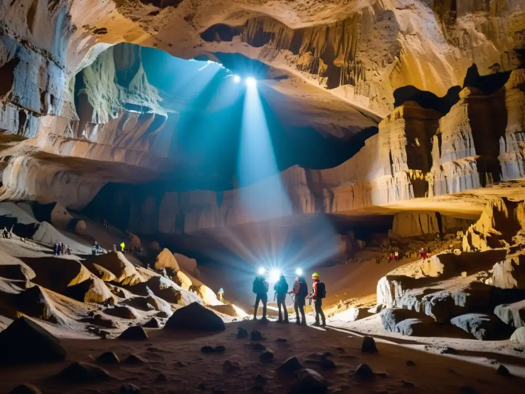 Exploradores con equipo de espeleología iluminan vasta caverna subterránea, creando una atmósfera de asombro por las maravillas naturales