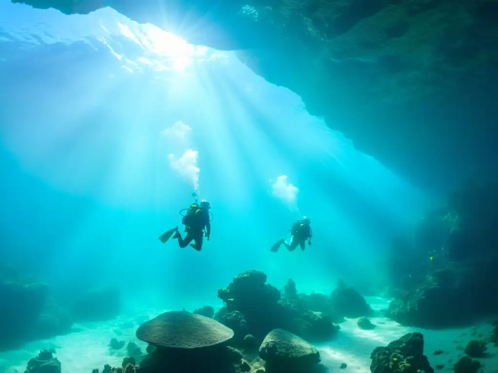 Exploradores descendiendo con equipos de buceo y linternas en el Gran Acuífero Maya, rodeados de vida submarina