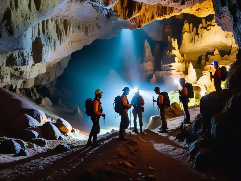 Exploradores con equipos de comunicación para espeleólogos, iluminando una cueva subterránea llena de estalactitas y estalagmitas