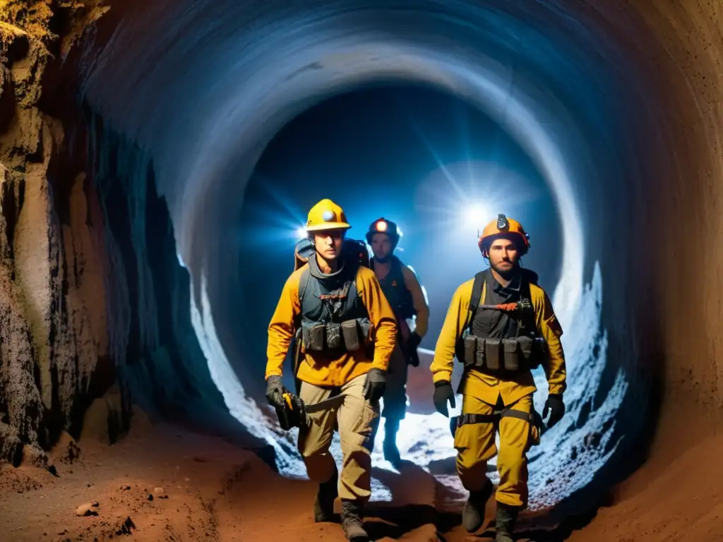 Exploradores con equipos de exploración de túneles subterráneos exploran una cueva oscura, iluminando el camino con sus linternas