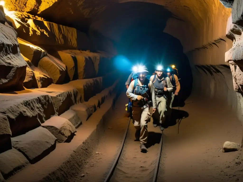 Exploradores especialistas en túneles históricos se adentran con determinación en la sombra de un túnel antiguo, revelando sus secretos