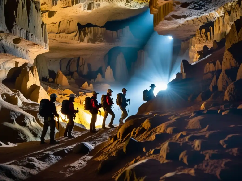 Exploradores espeleólogos con equipos de comunicación, iluminando caverna subterránea con formaciones rocosas