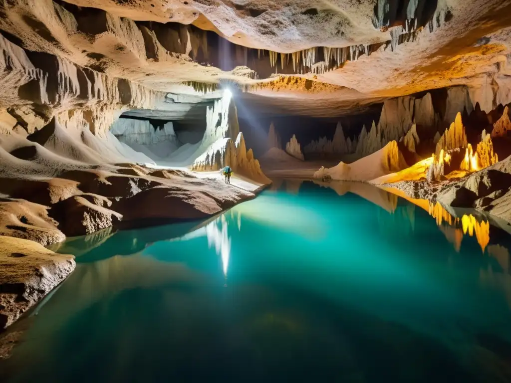 Exploradores iluminan estalactitas y estalagmitas en cueva inundada