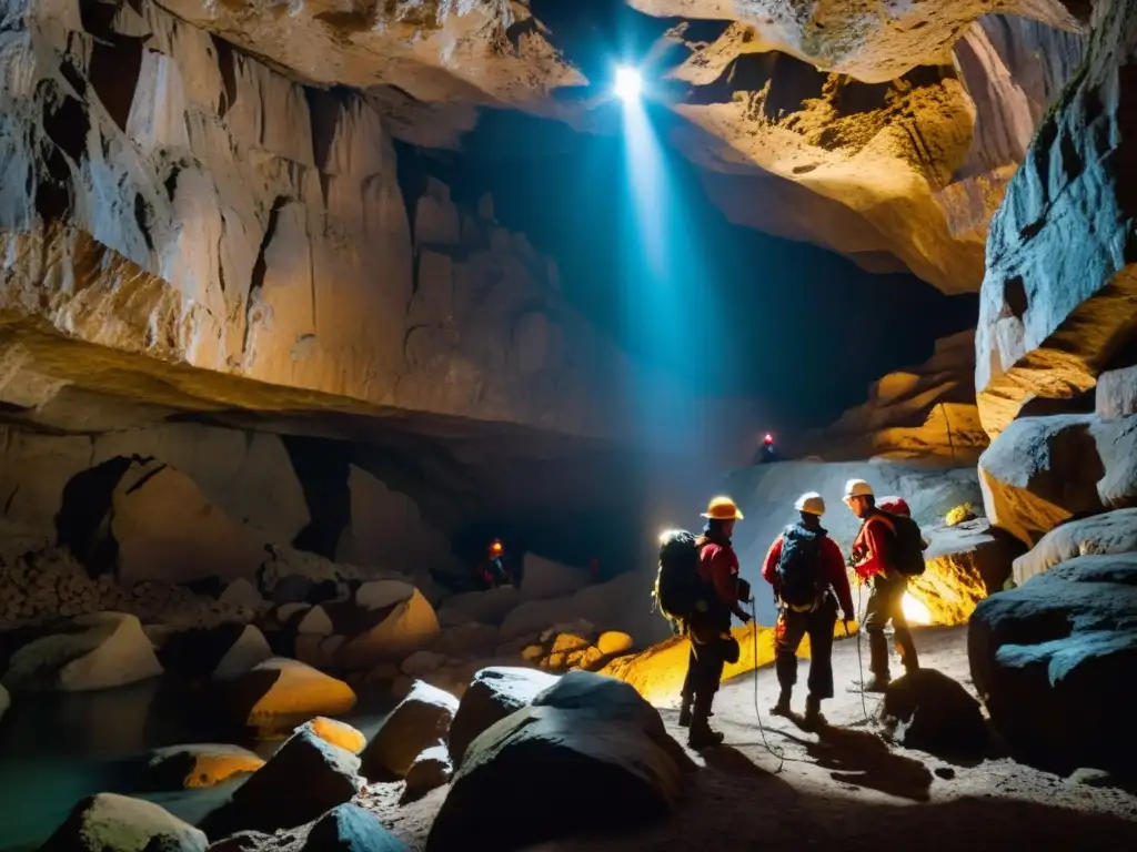 Exploradores descendiendo por estrecha cueva con equipo vital para exploración vertical