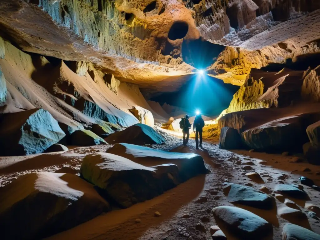 Exploradores iluminan una estrecha cueva subterránea, resaltando sus formaciones minerales