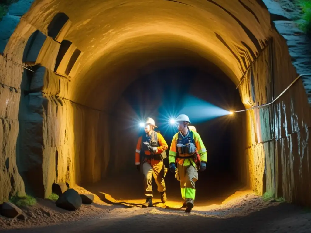 Exploradores descubriendo la fascinante arquitectura de un túnel histórico, iluminados por linternas