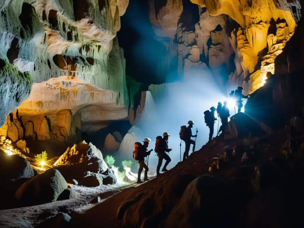 Exploradores admirando las formaciones en las misteriosas grutas de Tolantongo, transmitiendo la emoción de la exploración subterránea