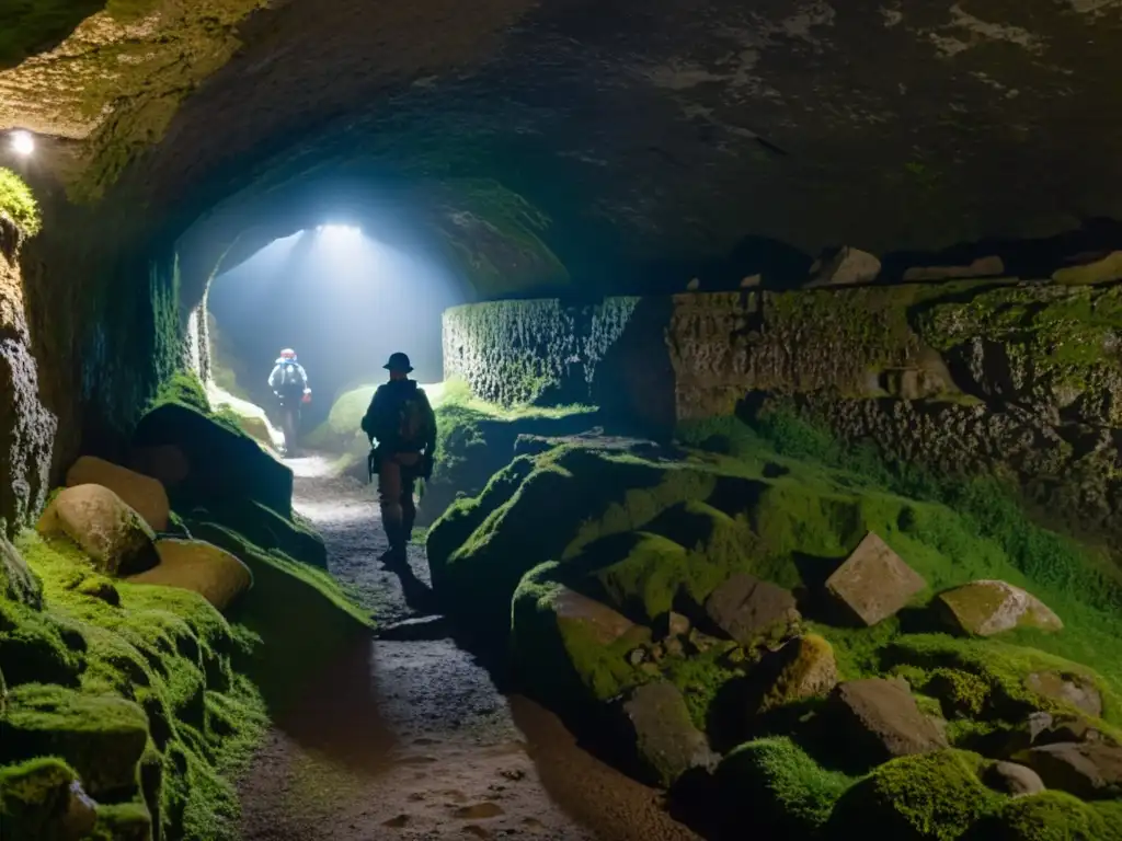 Exploradores en las galerías subterráneas de la fortaleza Ehrenbreitstein, con paredes de piedra húmedas cubiertas de musgo y estalactitas