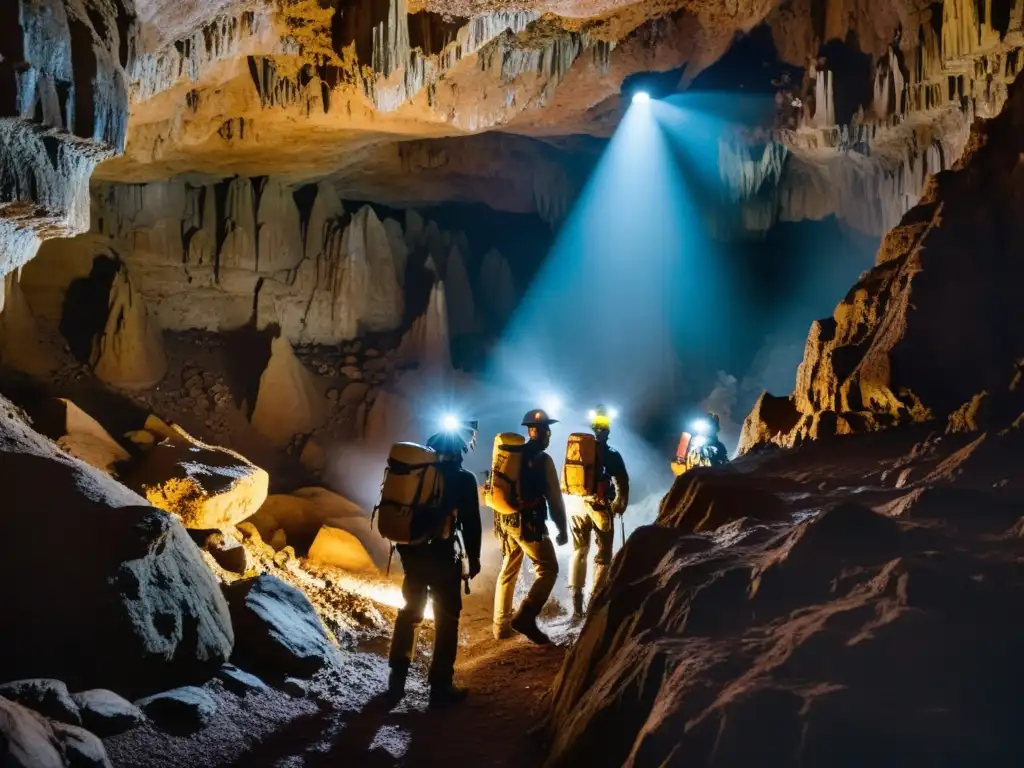 Exploradores con gafas adecuadas exploran una cueva subterránea iluminada por sus linternas, revelando impresionantes formaciones rocosas