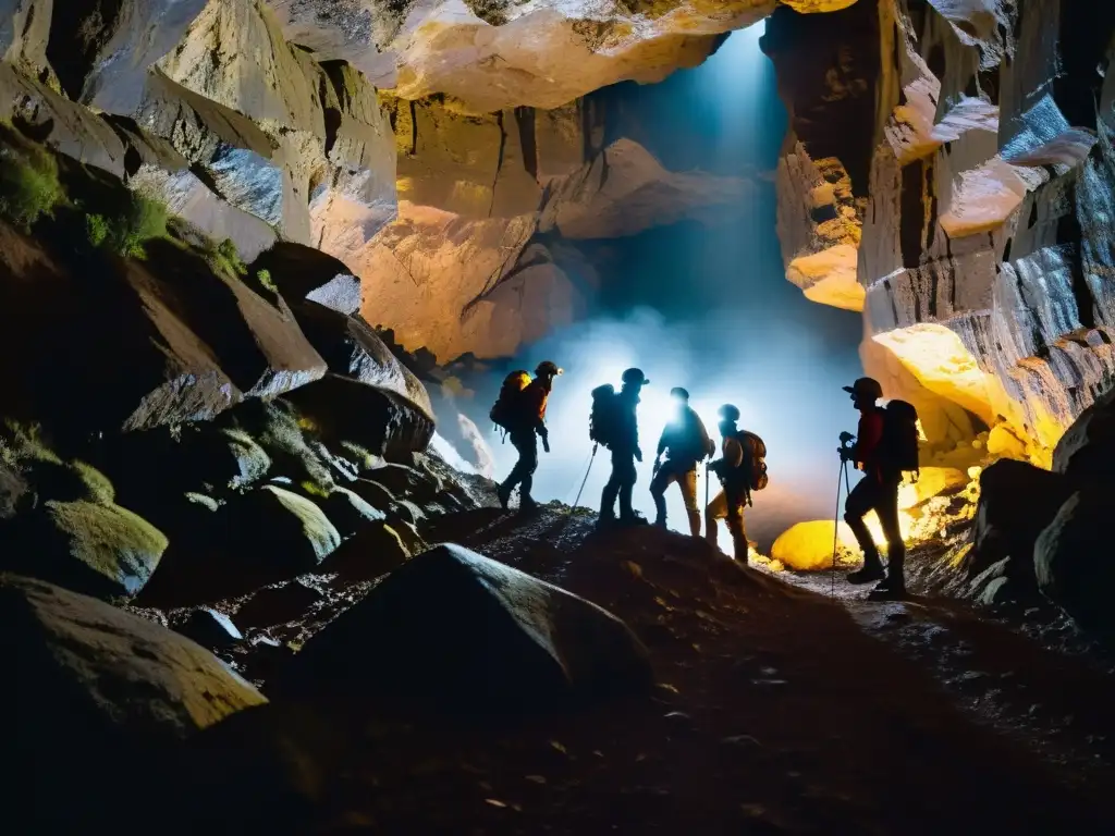 Exploradores descienden con gafas adecuadas entornos subterráneos, iluminando la cueva con linternas