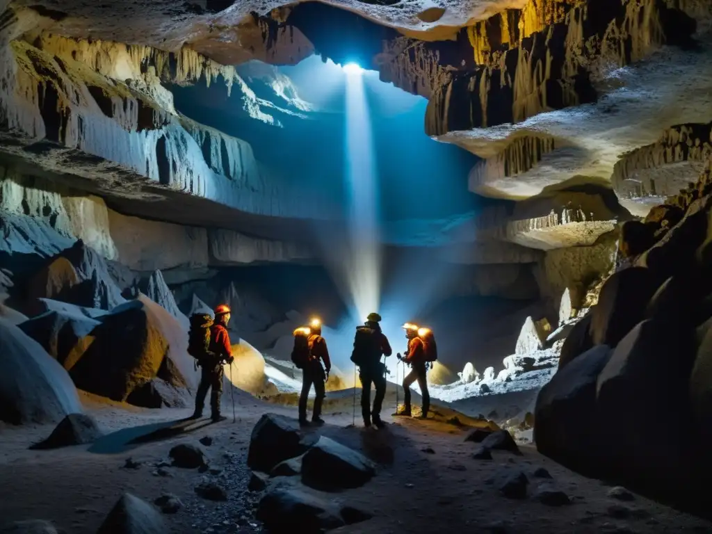 Exploradores descendiendo en el Gran Sótano del Barro en México, iluminando formaciones rocosas en una aventura de exploración única y asombrosa