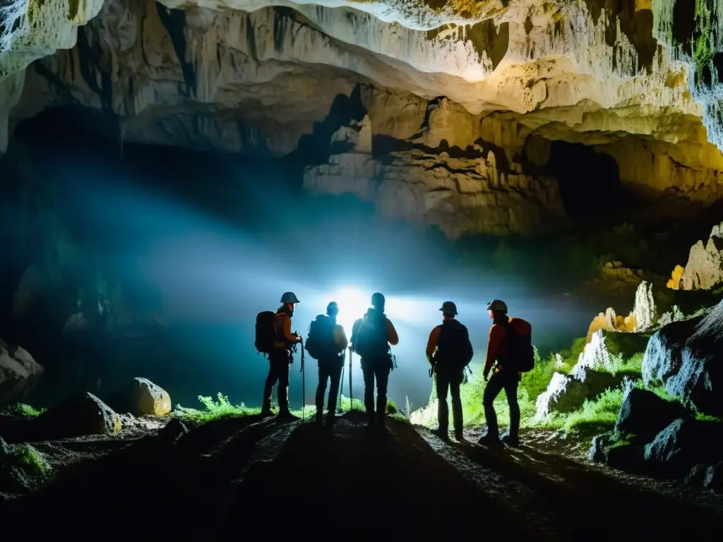 Exploradores iluminan las grutas Skocjan en una ruta subterránea, capturando la maravilla de este mundo oculto