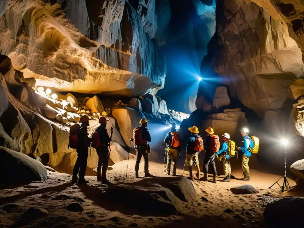 Exploradores siguiendo a guías en cavernas históricas, iluminando formaciones rocosas con linternas en pasaje estrecho y tenue