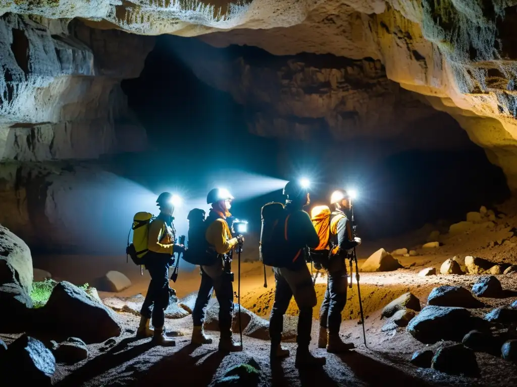 Exploradores con protección contra humedad capturan la belleza subterránea en una cueva oscura