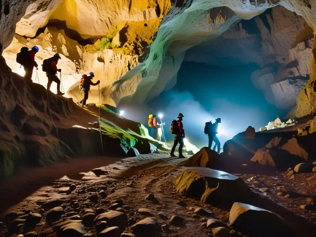 Exploradores con protección contra humedad en fotografía subterránea, iluminando cueva con luces frontales, revelando belleza misteriosa