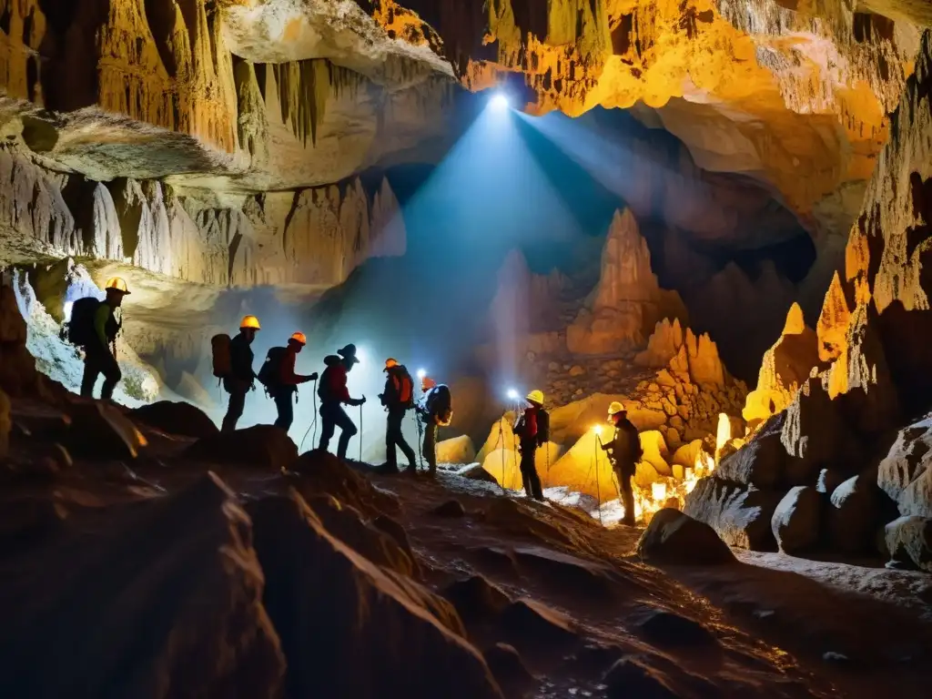 Exploración subterránea: Cavernas iluminadas por espeleólogos Exploradores iluminados avanzan con determinación en una cueva, revelando la belleza de estalactitas y estalagmitas