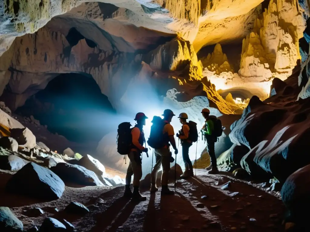 Exploradores iluminados por lámparas de cabeza, atraviesan una cueva subterránea llena de estalactitas y estalagmitas