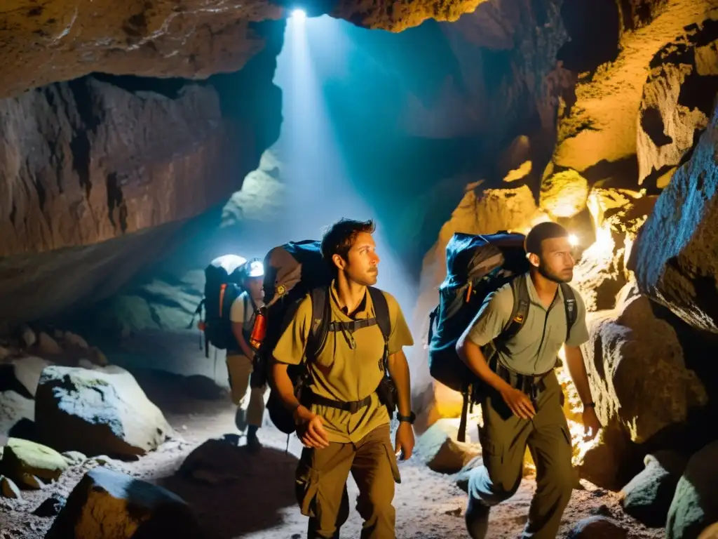 Exploradores iluminados por sus lámparas, atraviesan una cueva subterránea, transmitiendo determinación y valentía en su exploración