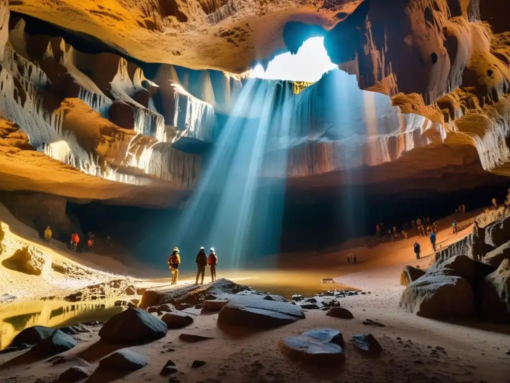 Exploradores iluminando una impresionante cueva subterránea, capturando la belleza y aventura del turismo subterráneo sostenible