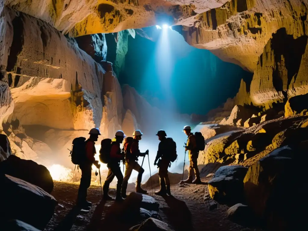 Exploradores con indumentaria espeleológica para exploración subterránea, navegando por una cueva oscura con estalactitas brillantes