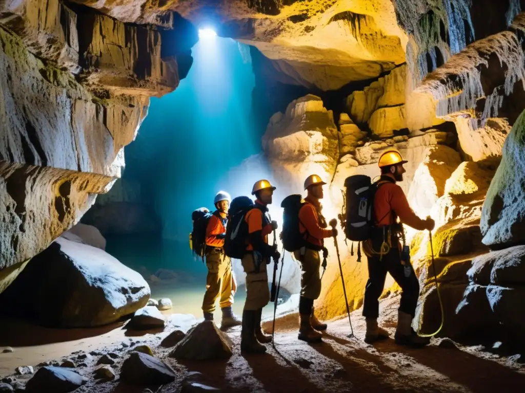 Exploradores con indumentaria espeleológica para exploración subterránea, navegando por una cueva estrecha con linternas