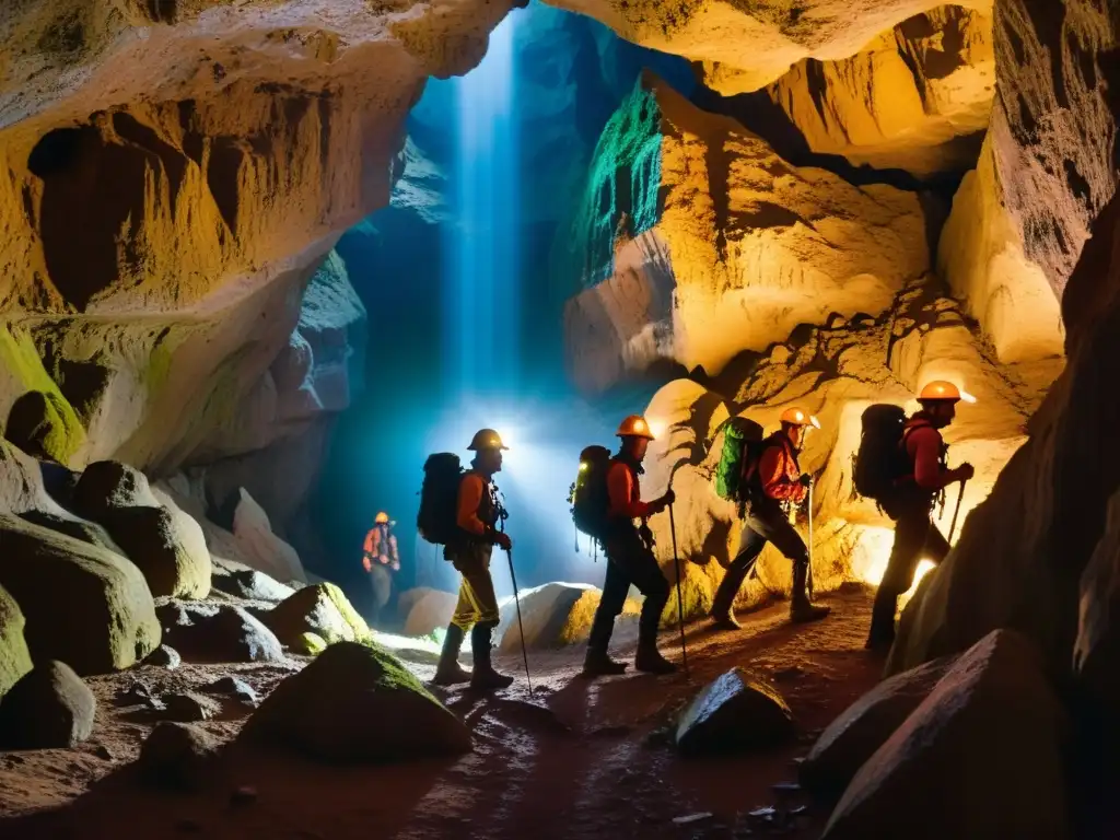 Exploradores con indumentaria espeleológica para exploración subterránea, navegando con cuidado por una estrecha cueva iluminada por sus linternas