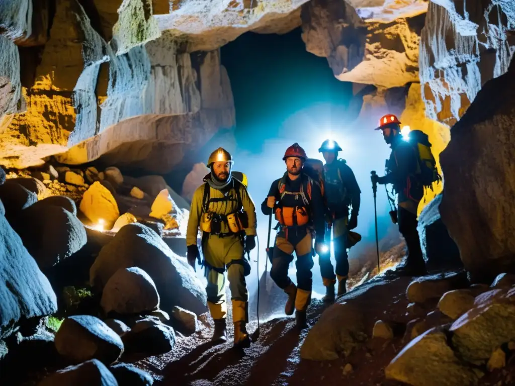 Exploradores con indumentaria espeleológica para exploración subterránea iluminan con sus lámparas de cabeza el paisaje subterráneo